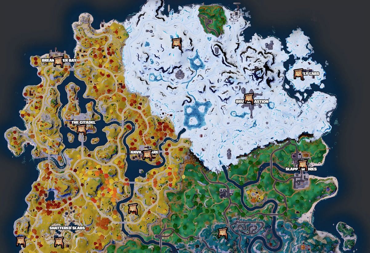 All Bounty Boards locations in the grassland biome of Fortnite Chapter 4 Season 2 island (Image via Fortnite.GG)