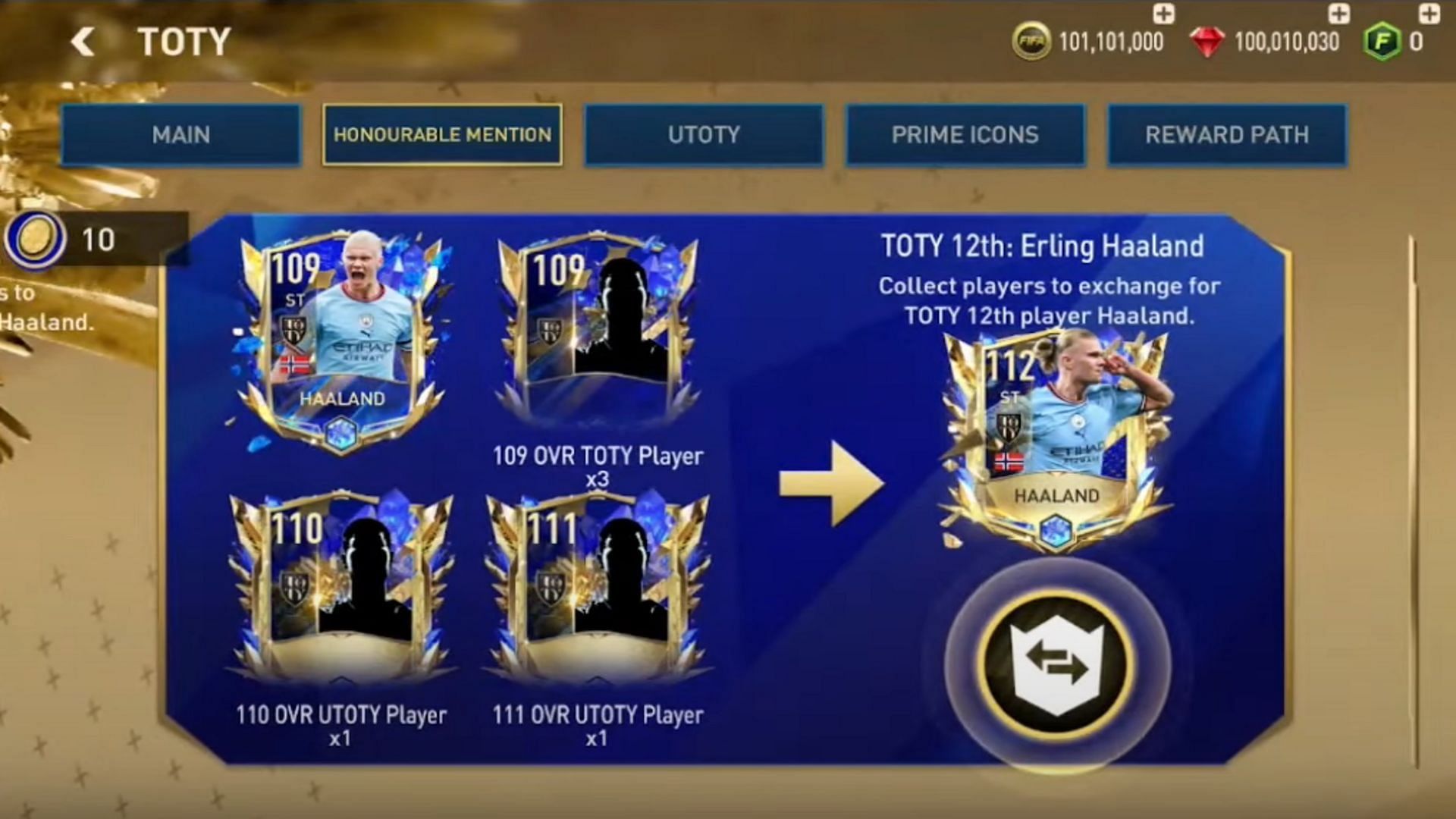 Conditions for the exchange of Haaland&#039;s 112 OVR TOTY Honorable Mentions card (Image via EA Sports)