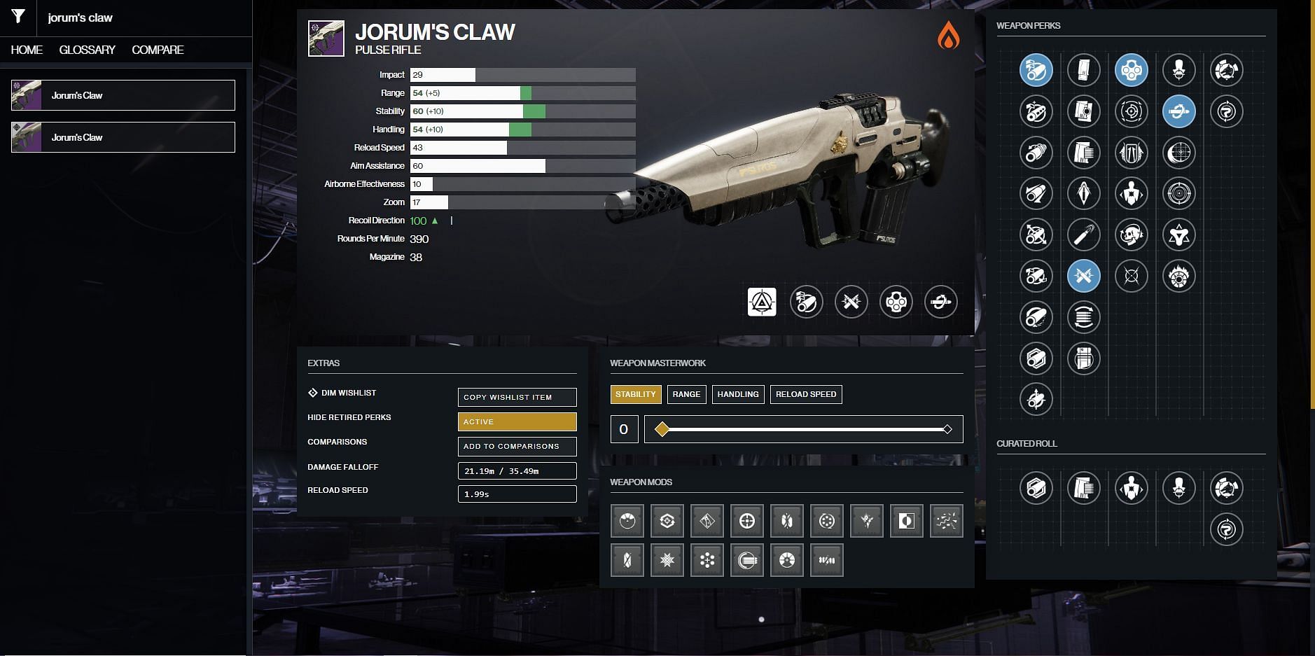 Jorum&#039;s Claw PvP god roll (Image via Destiny 2 Gunsmith)