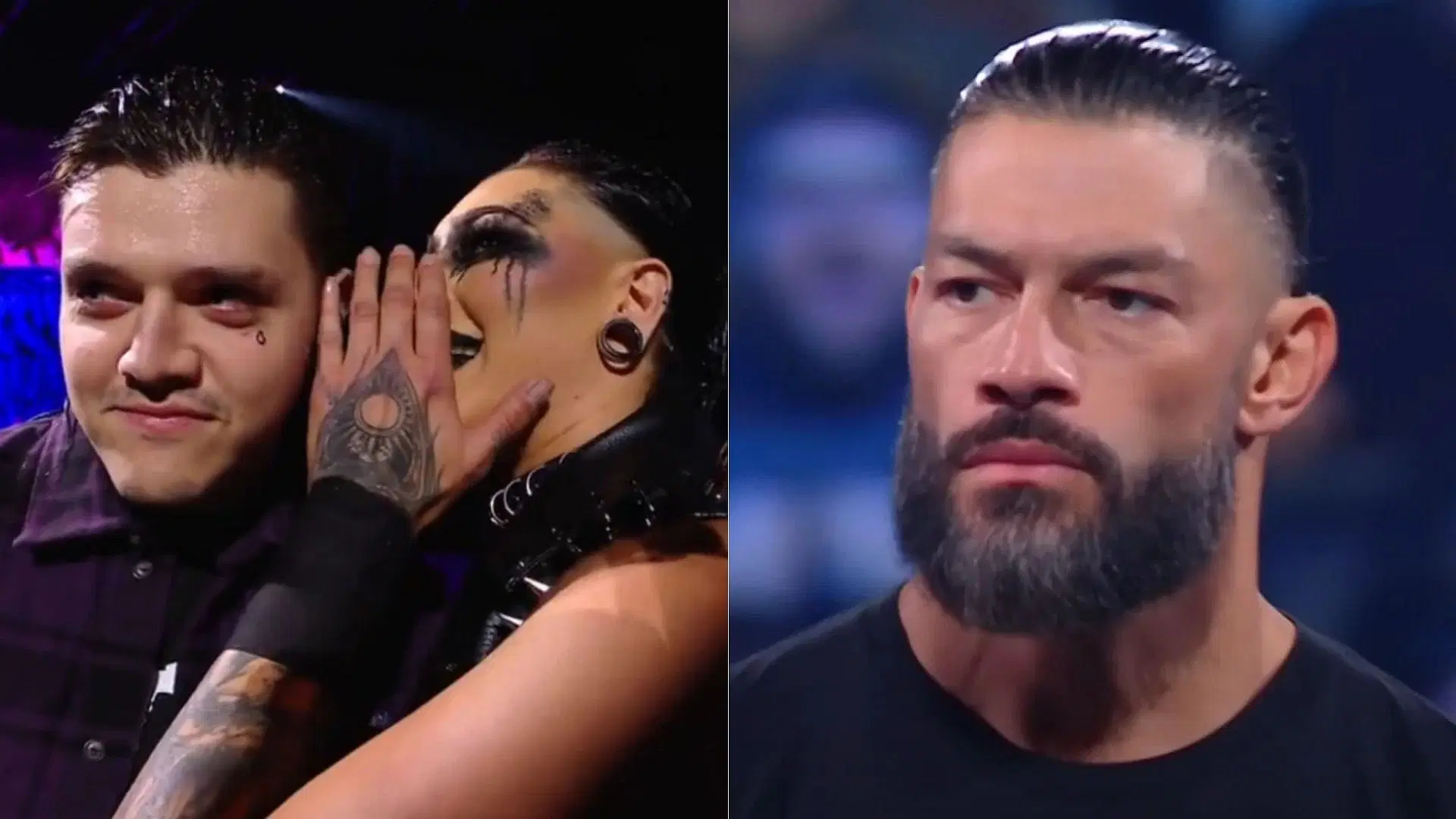 Dominik Mysterio and Rhea Ripley (left); Roman Reigns (right)