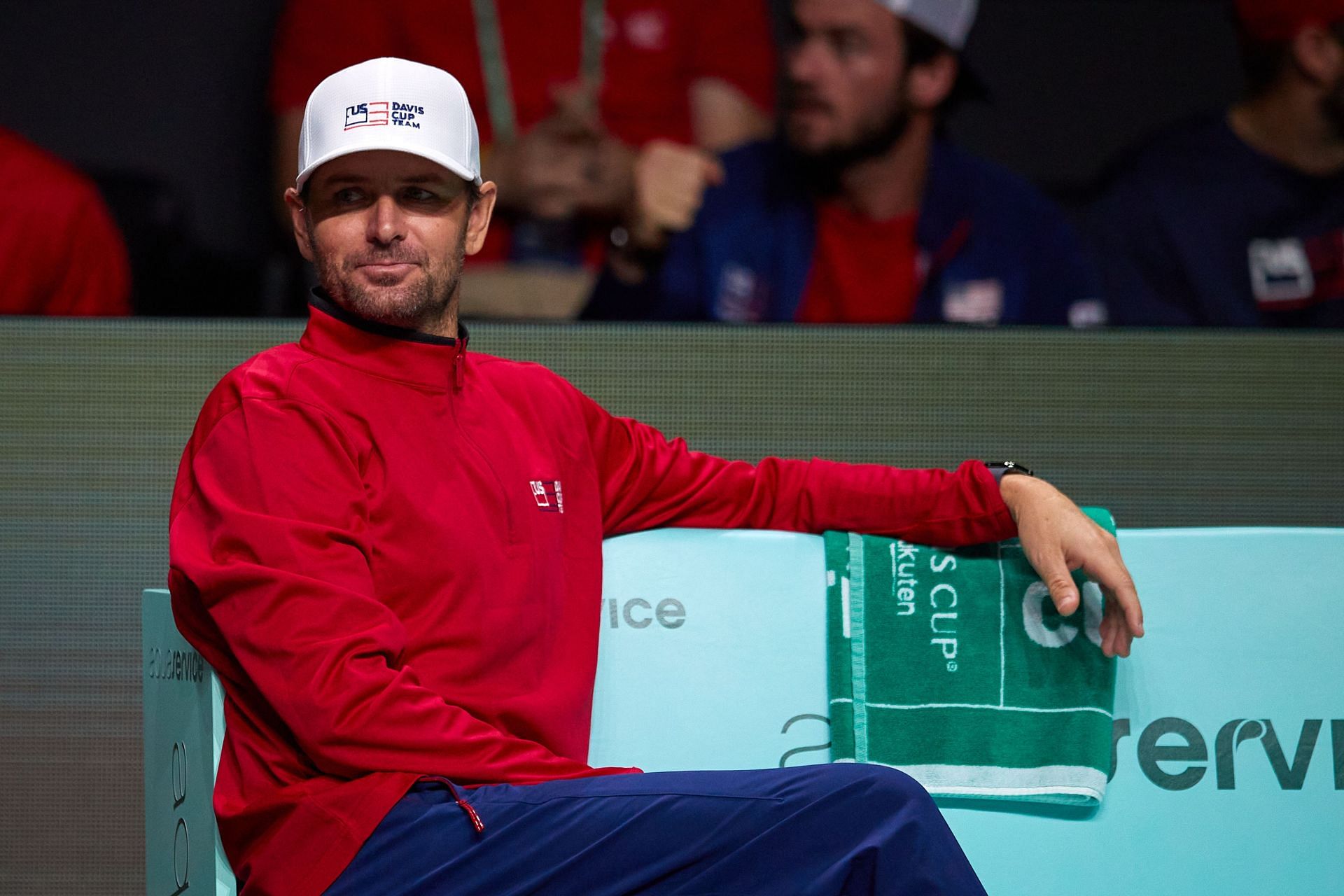 Mardy Fish, coach of USA, looks on during the Davis Cup Finals in 2022.