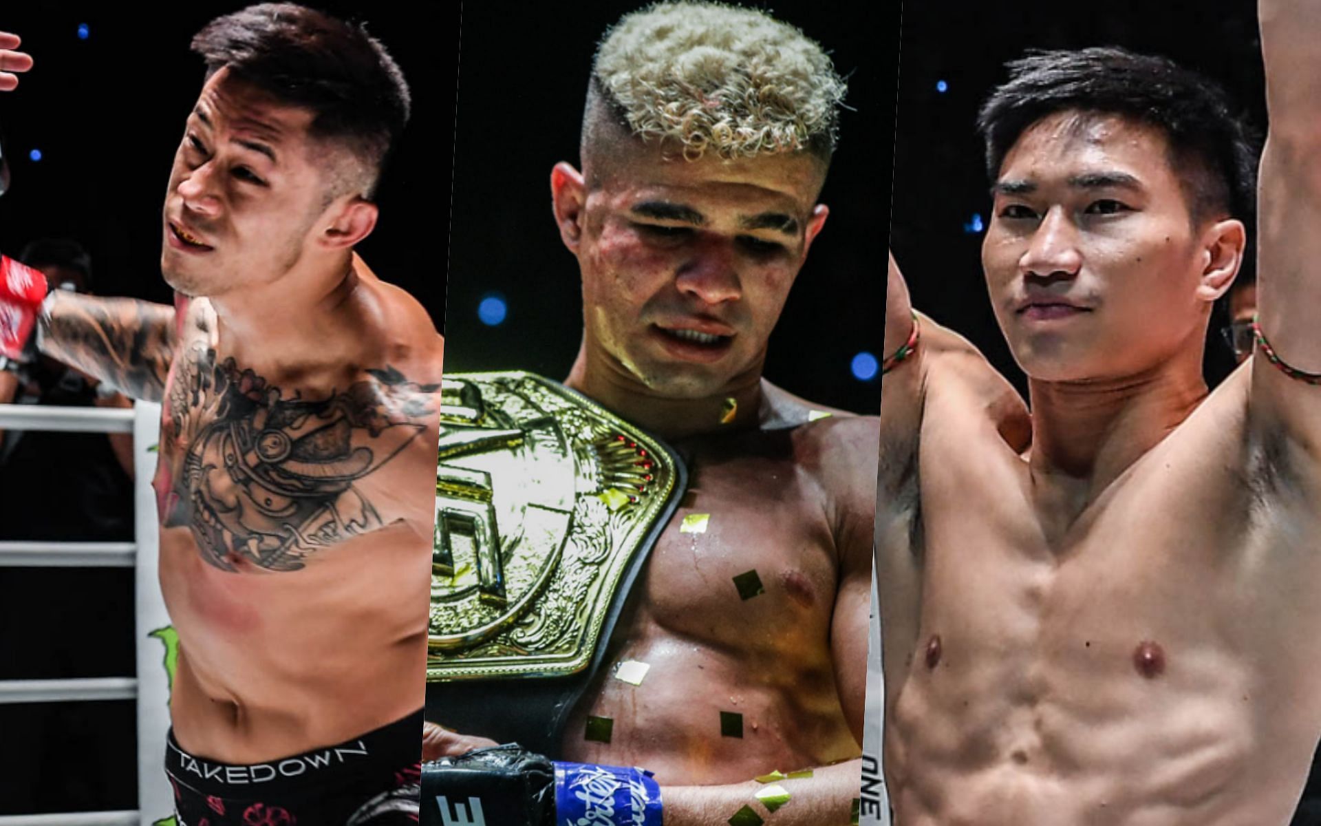 From left to right: Martin Nguyen, Fabricio Andrade, Tawanchai PK.Saenchai. | Photo by ONE Championship