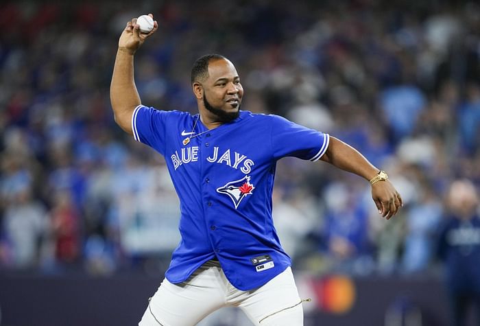 Edwin Encarnacion crashed the Blue Jays dugout in full uniform