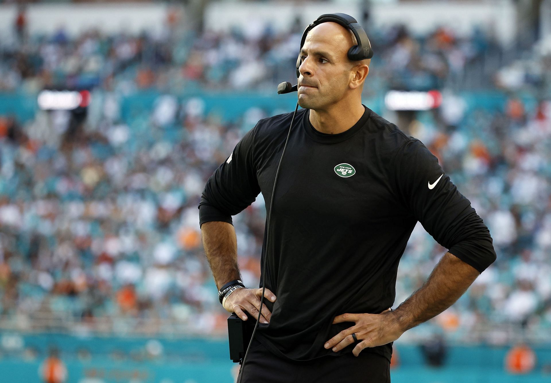 Head coach Robert Saleh of the New York Jets looks on during the second half against the Miami Dolphins