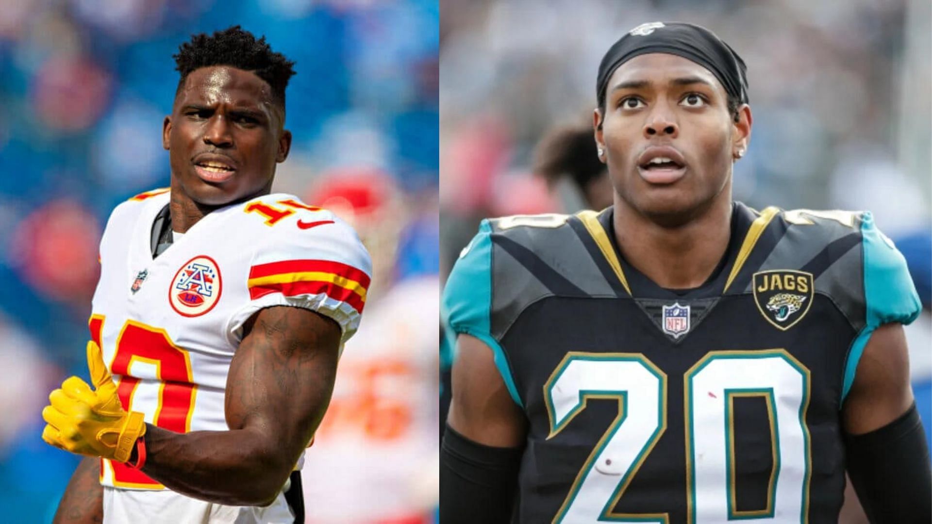 WR Tyreek Hill with the Chiefs (l) and CB Jalen Ramsey with the Jaguars (r)