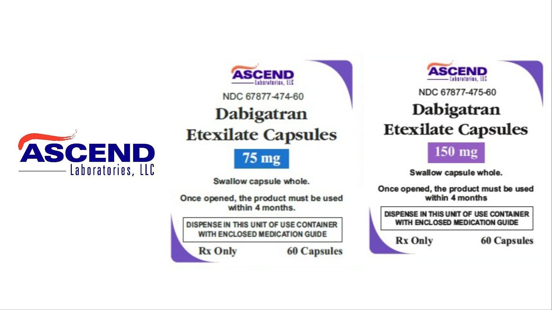 The recalled Dabigatran Etexilate Capsules. USP 75 mg and 150 mg were produced and distributed by Ascend Laboratories LLC. of New Jersey (Image via FDAreport.com)