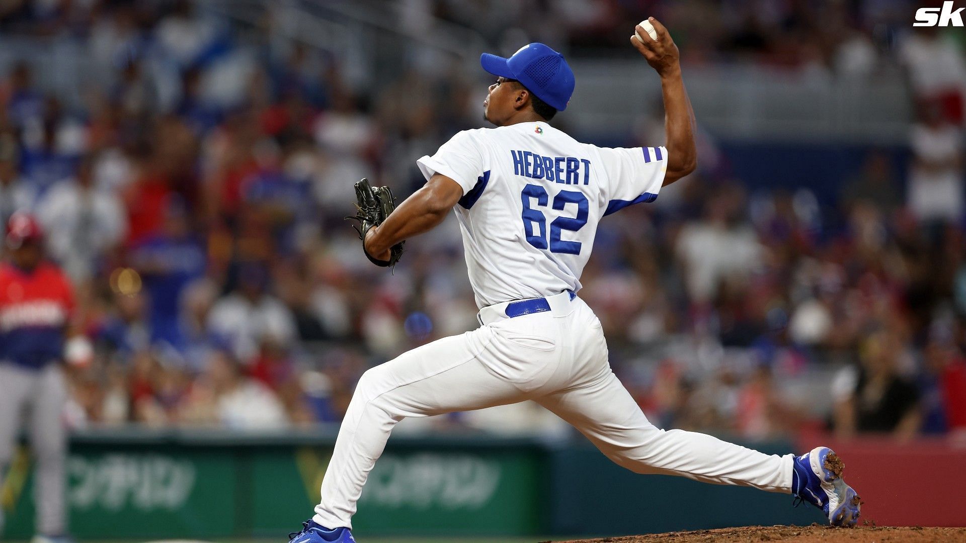 Nicaraguan pitcher Duque Hebbert delivers a pitch against the Dominican Republic in the World Baseball Classic