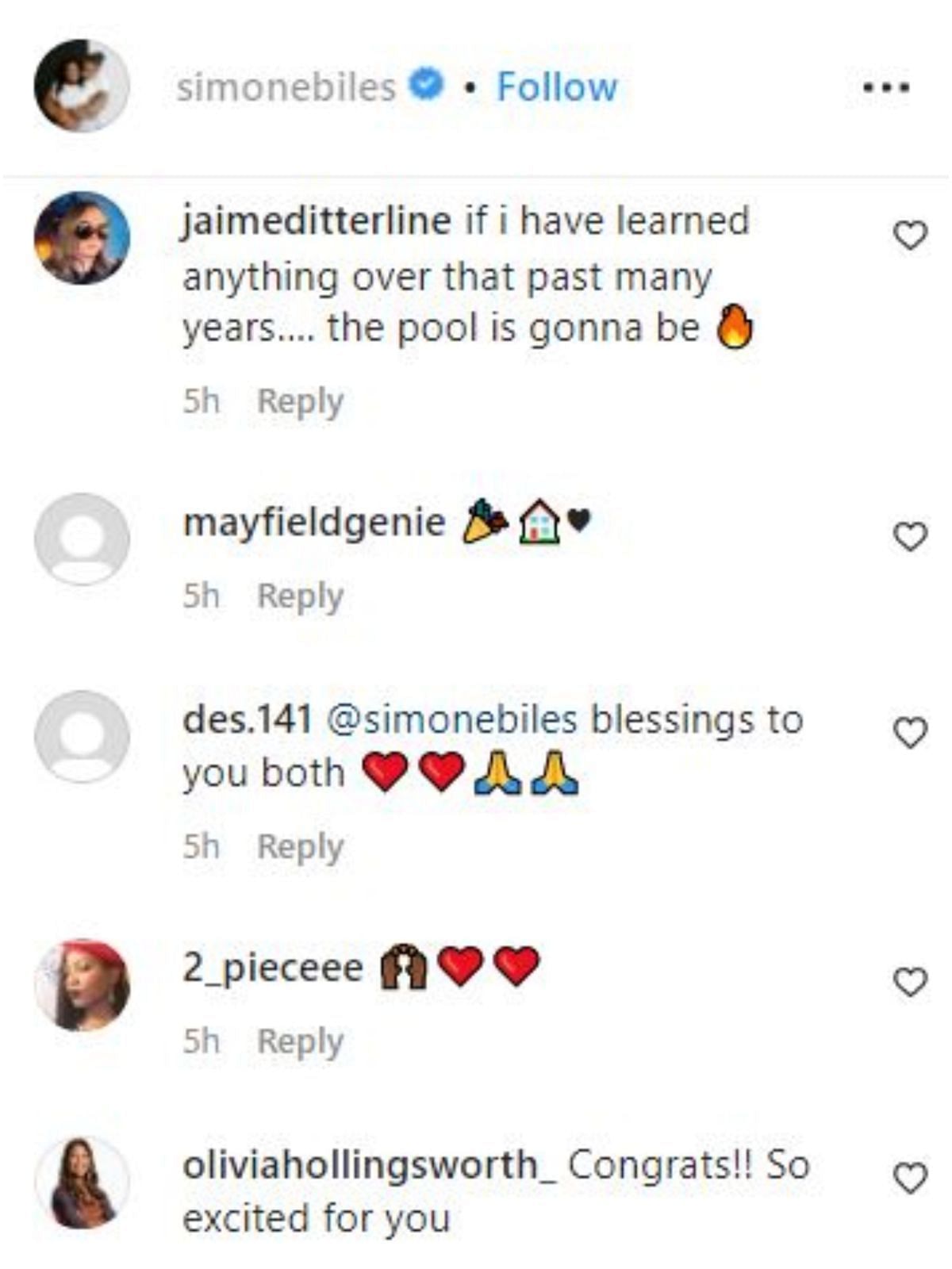 Screengrab of Biles&#039; Instagram comment section