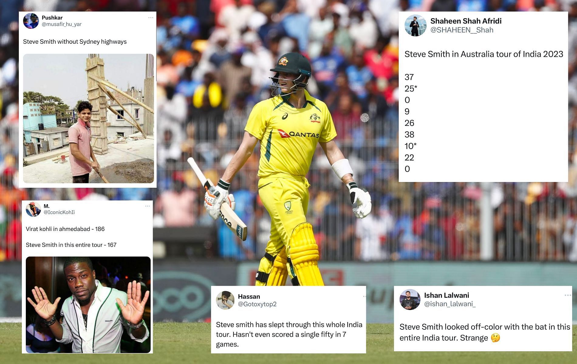 Steve Smith struggled for form in India. (Pics: Getty/Twitter)