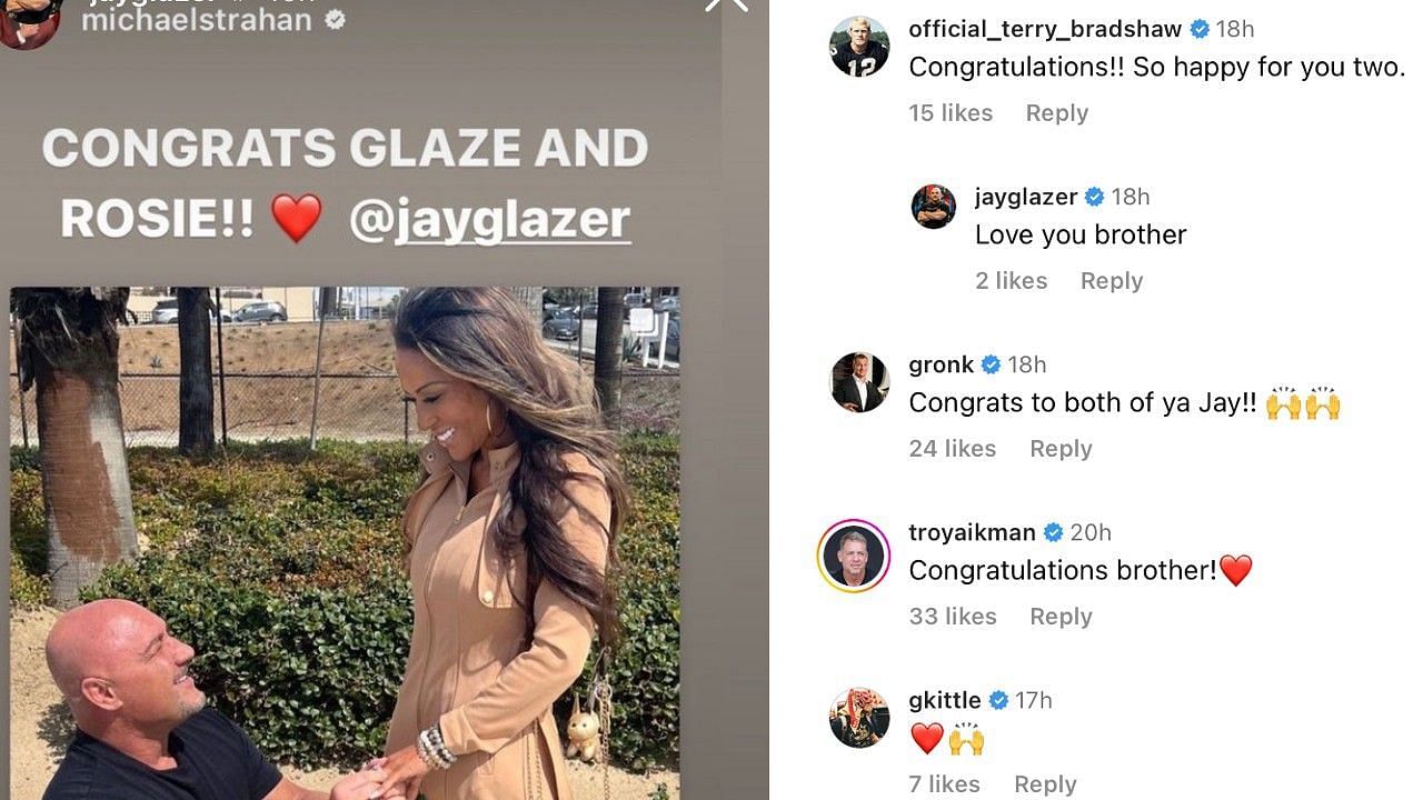 Glazer&#039;s close friend, Hall of Famer Michael Strahan, along with Terry Bradshaw, Rob Gronkowski, and George Kittle, congratulated the couple.