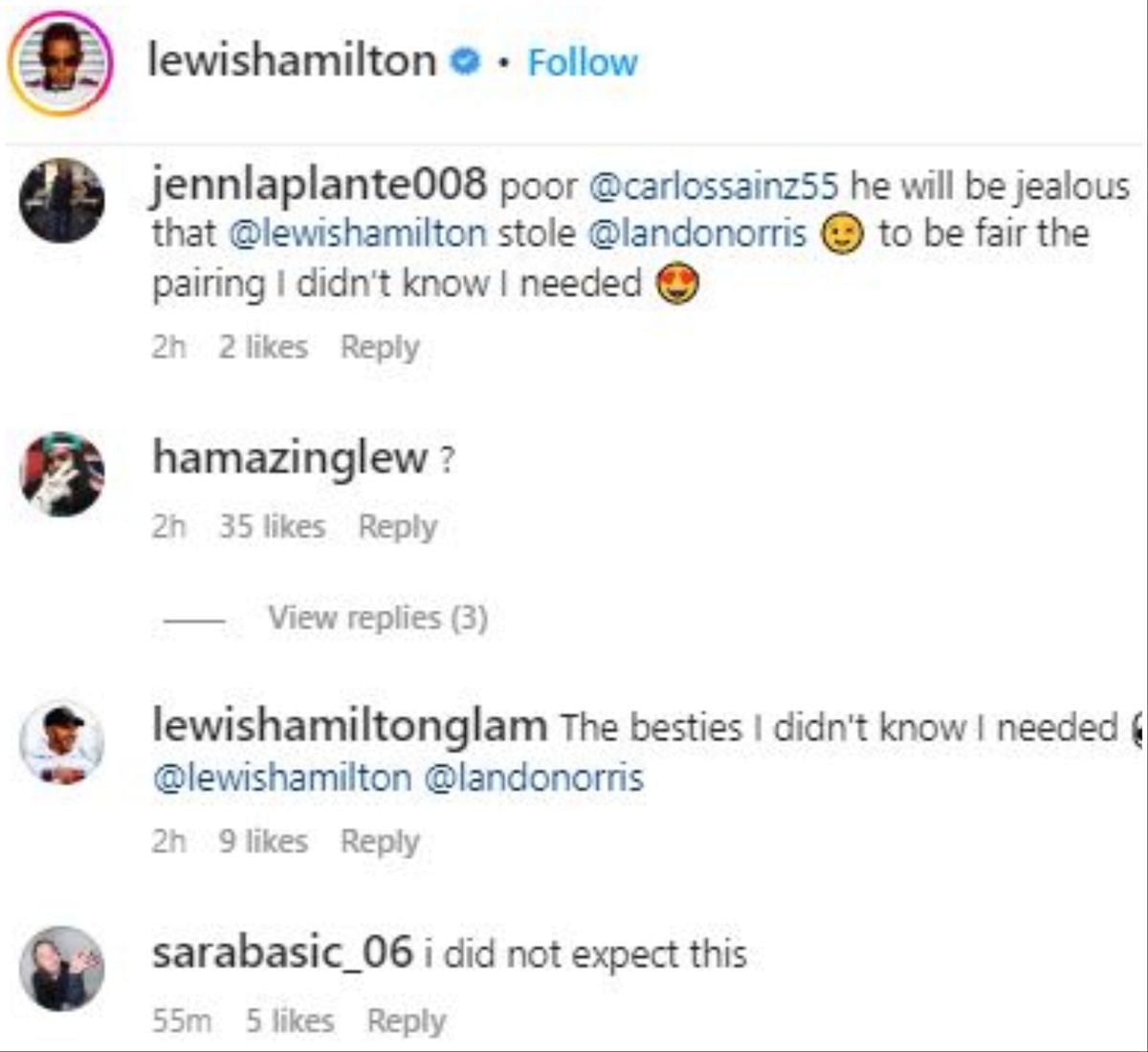 Screengrab of Hamilton&#039;s Instagram comment section