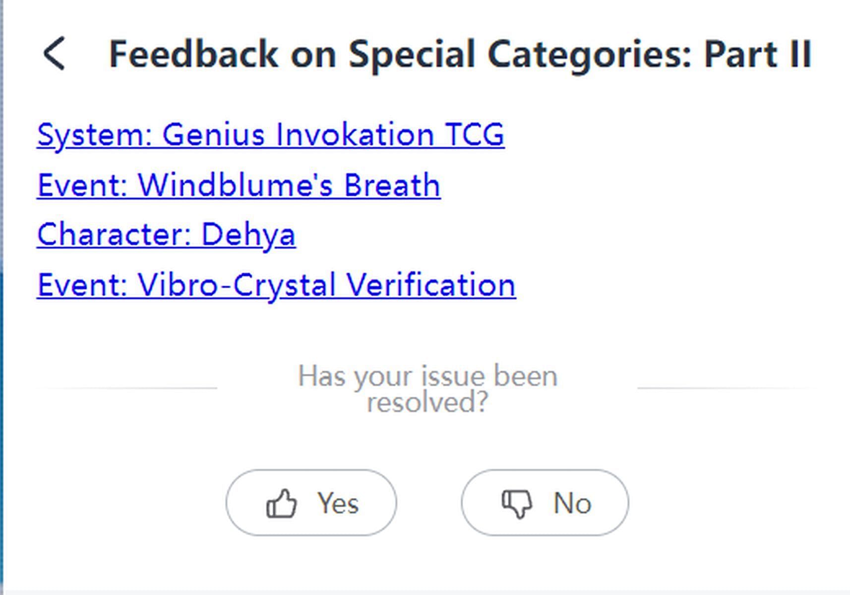 These are the feedback options. (Image via HoYoverse)