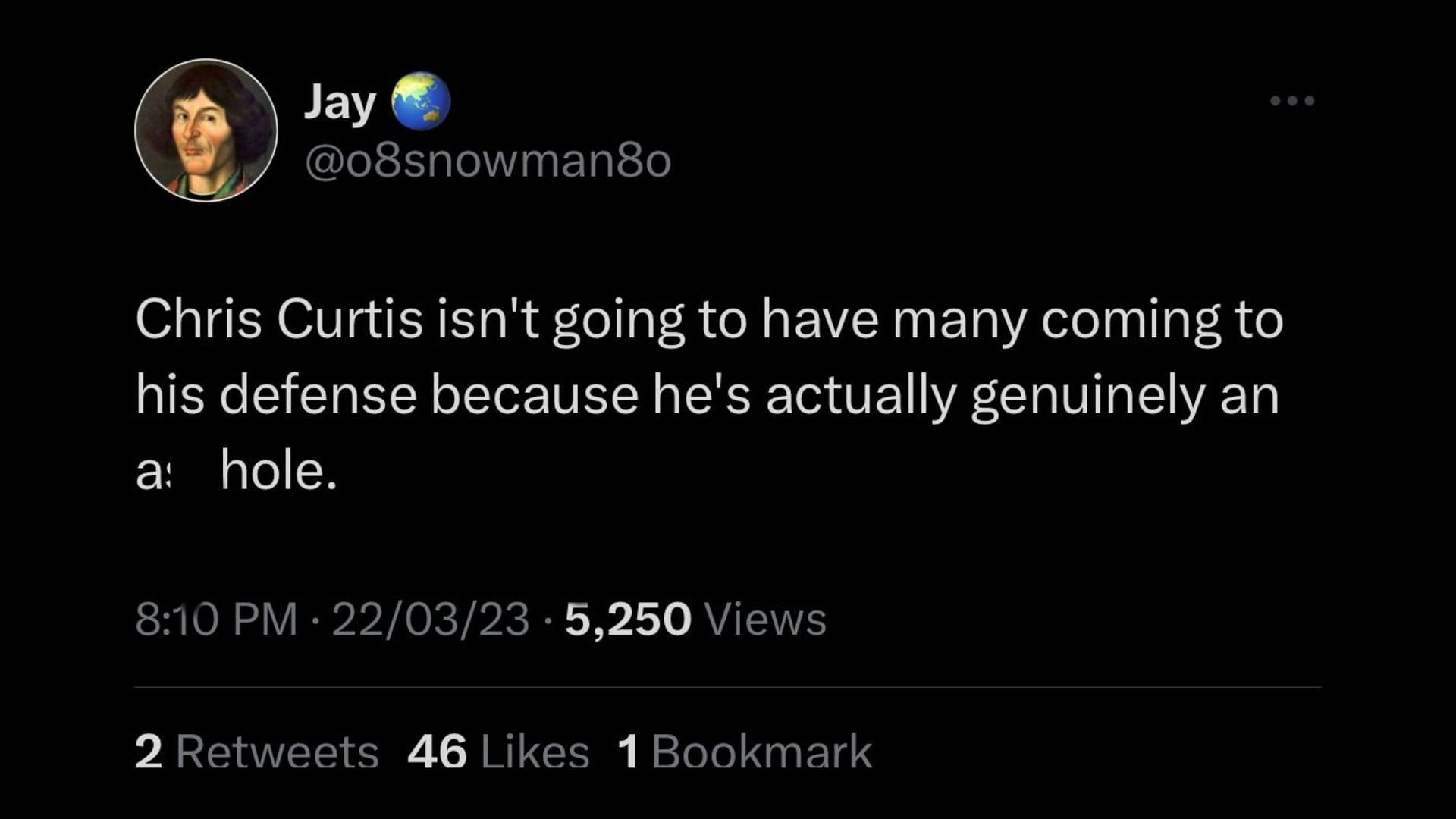 Screenshot of a Twitter user slamming Curtis for using a racial slur.