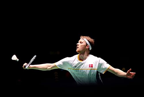 Antonsen in action at the Yonex All England Open Badminton Championships 2023