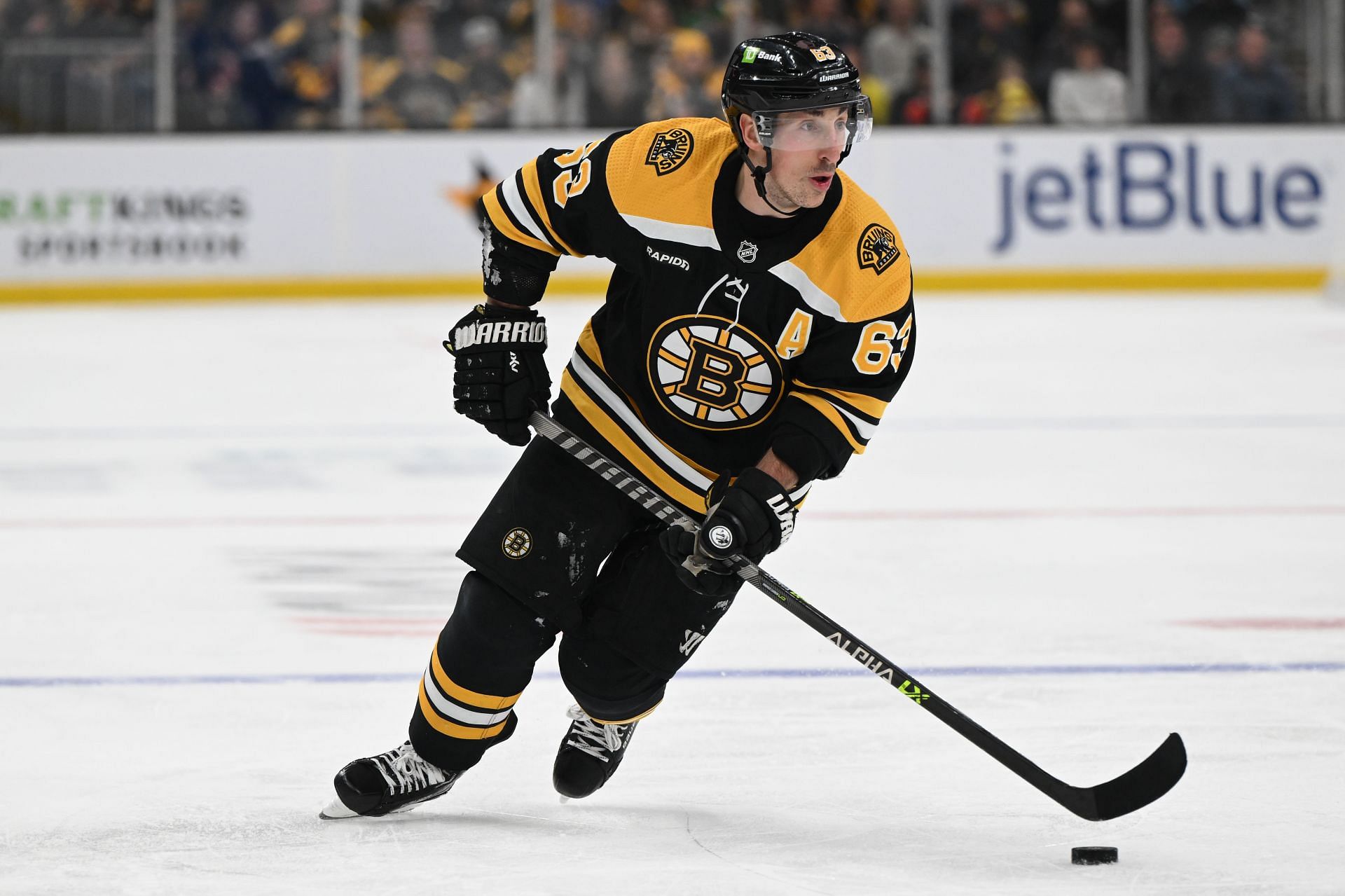 Brad Marchand #63 of the Boston Bruins skates against the Ottawa Senators during the third period at the TD Garden on March 21, 2023 in Boston, Massachusetts. (Photo by Brian Fluharty/Getty Images)