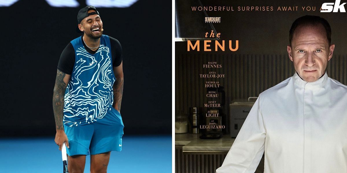 Nick Kyrgios pictured alongside the poster of 
