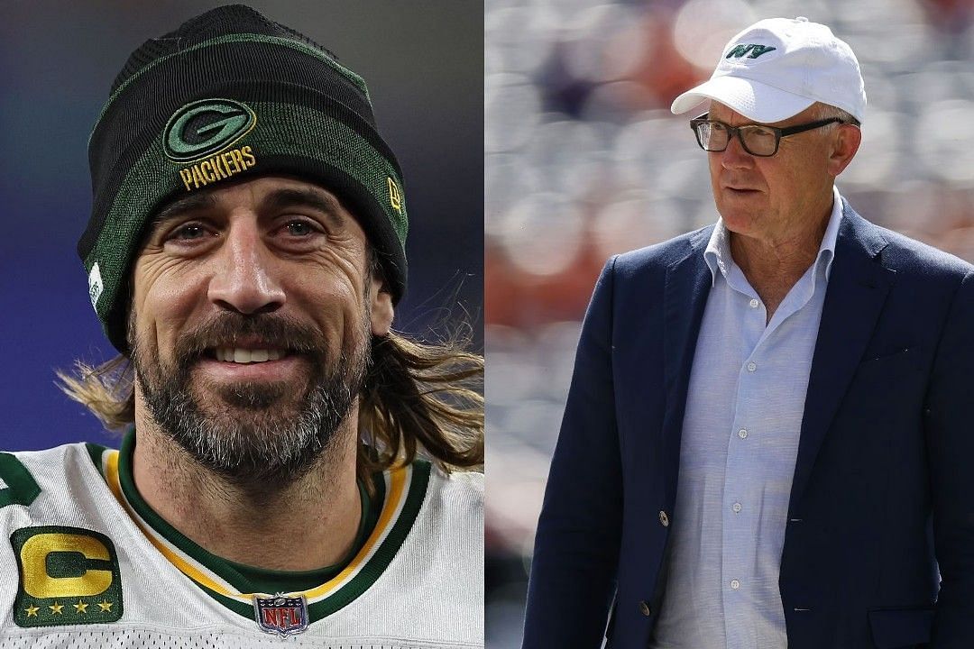 Aaron Rodgers, left, Woody Johnson, right