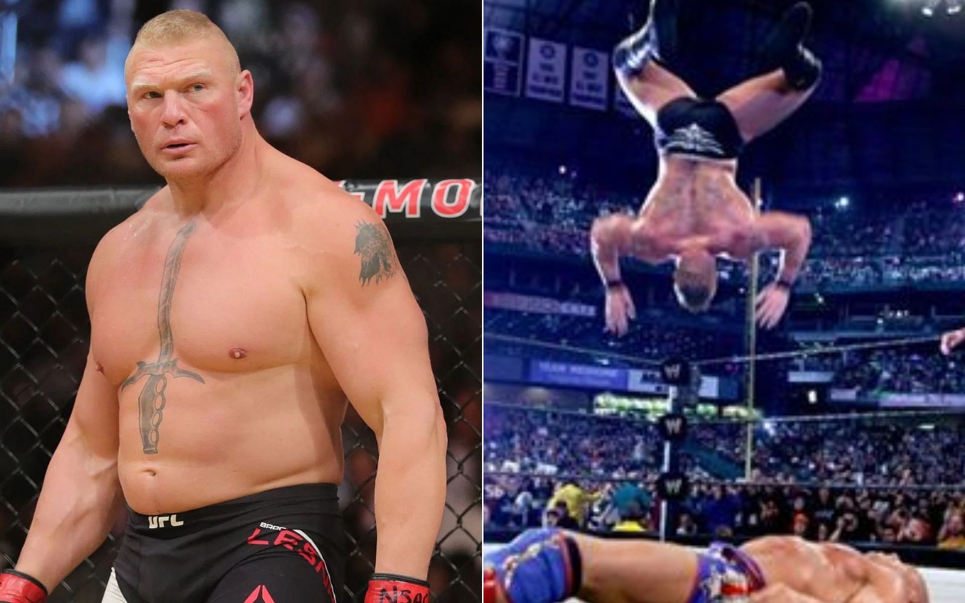 Brock Lesnar [Left], and Brock Lesnar shooting-star press at WrestleMania XIX [Photo credit @NewAgeInsiders - Twitter]