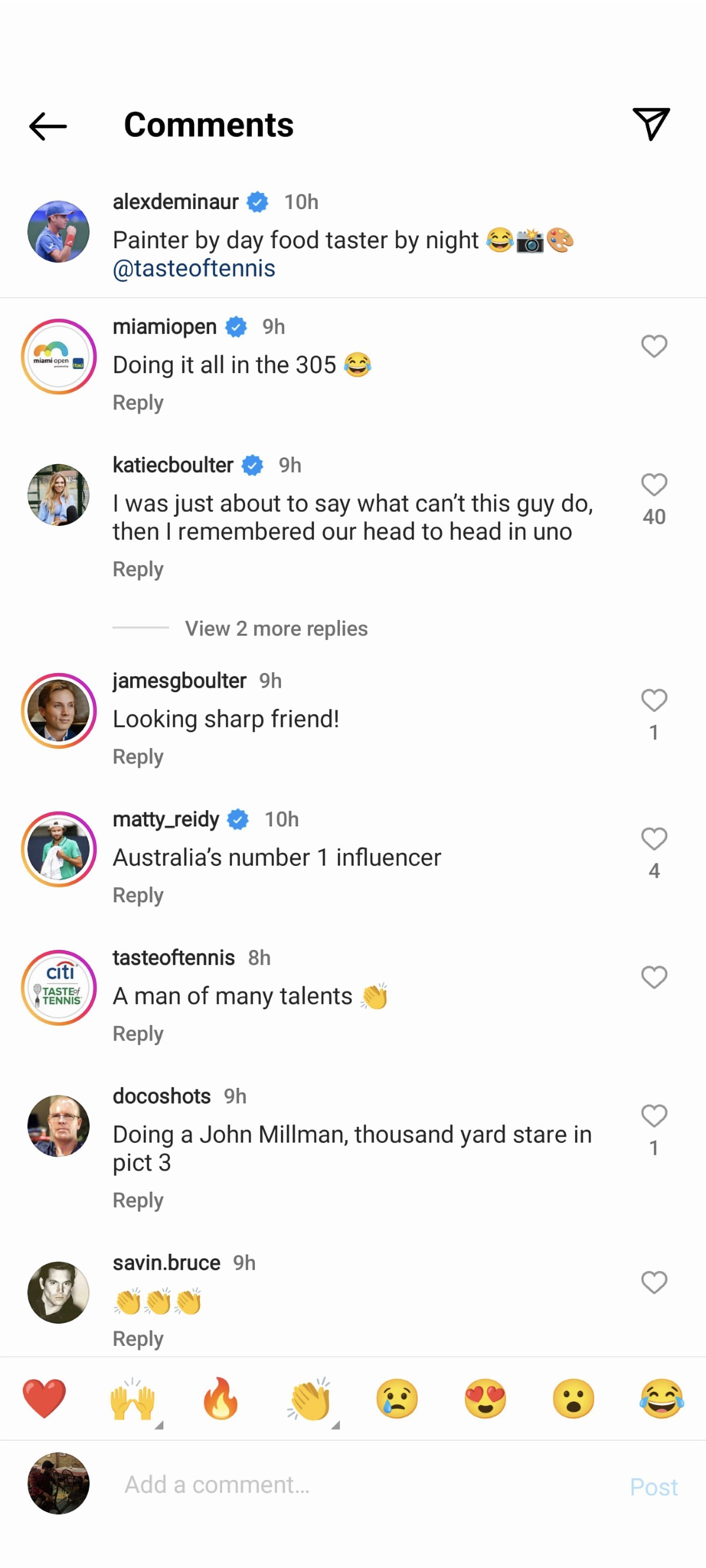 Katie Boulter&#039;s comment under Alex de Minaur&#039;s Instagram post