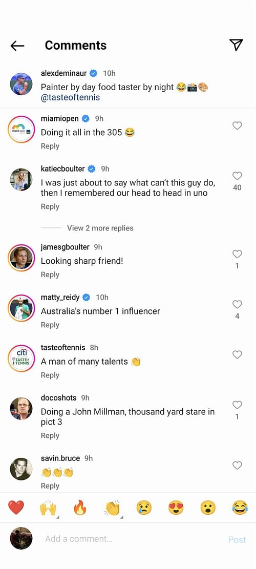 Katie Boulter's comment under Alex de Minaur's Instagram post