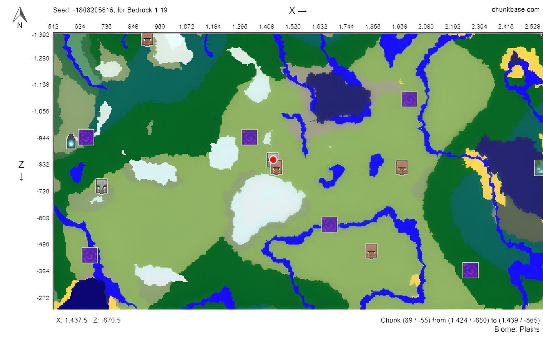 Pillager outpost, village, and stronghold (Image via Chunkbase)