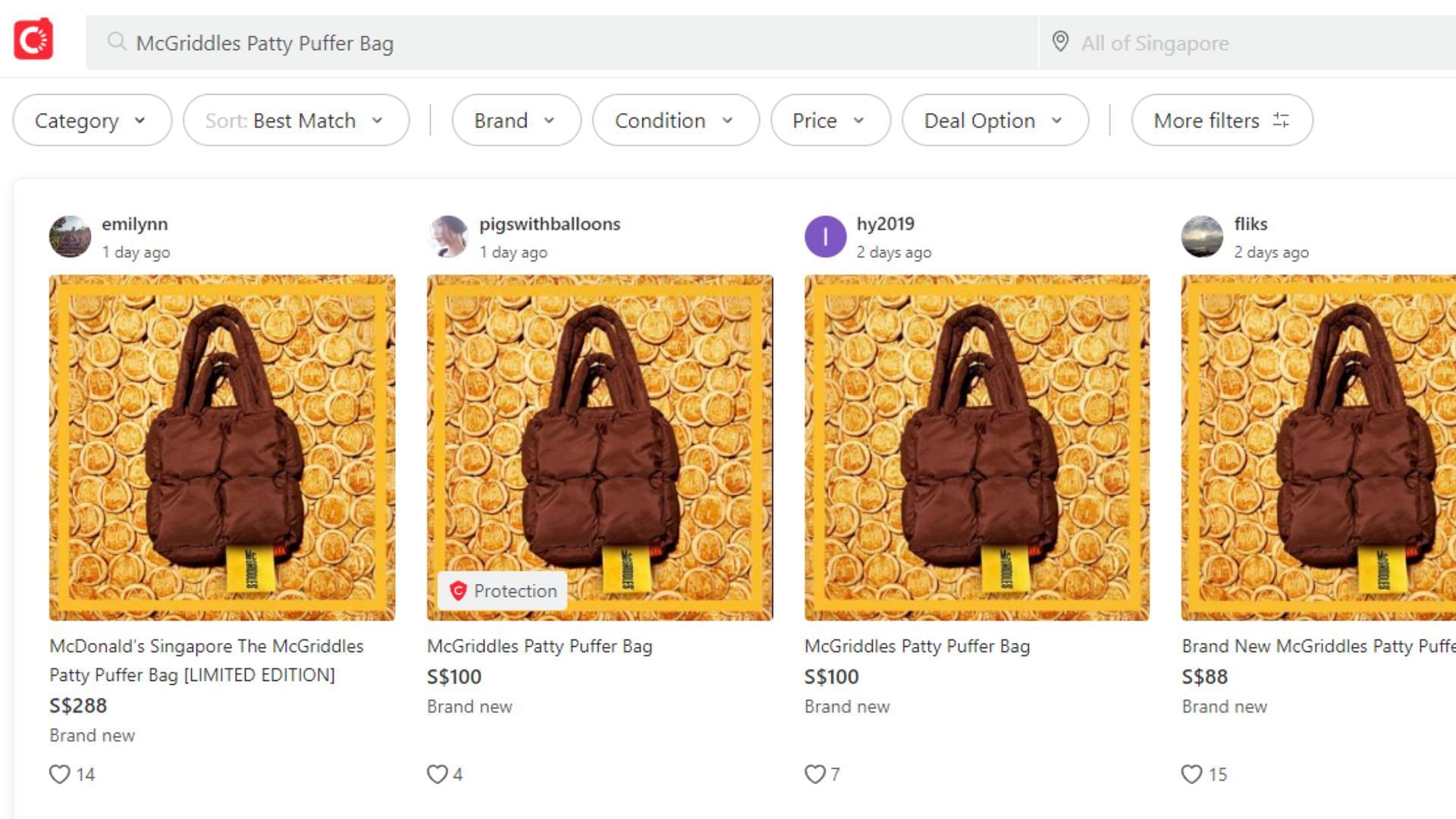  Screenshot of the McGriddles Patty Puffer Bags from McDonald&#039;s that are now listed for resale on the Carousell website (Image via Carousell/Screenshot)