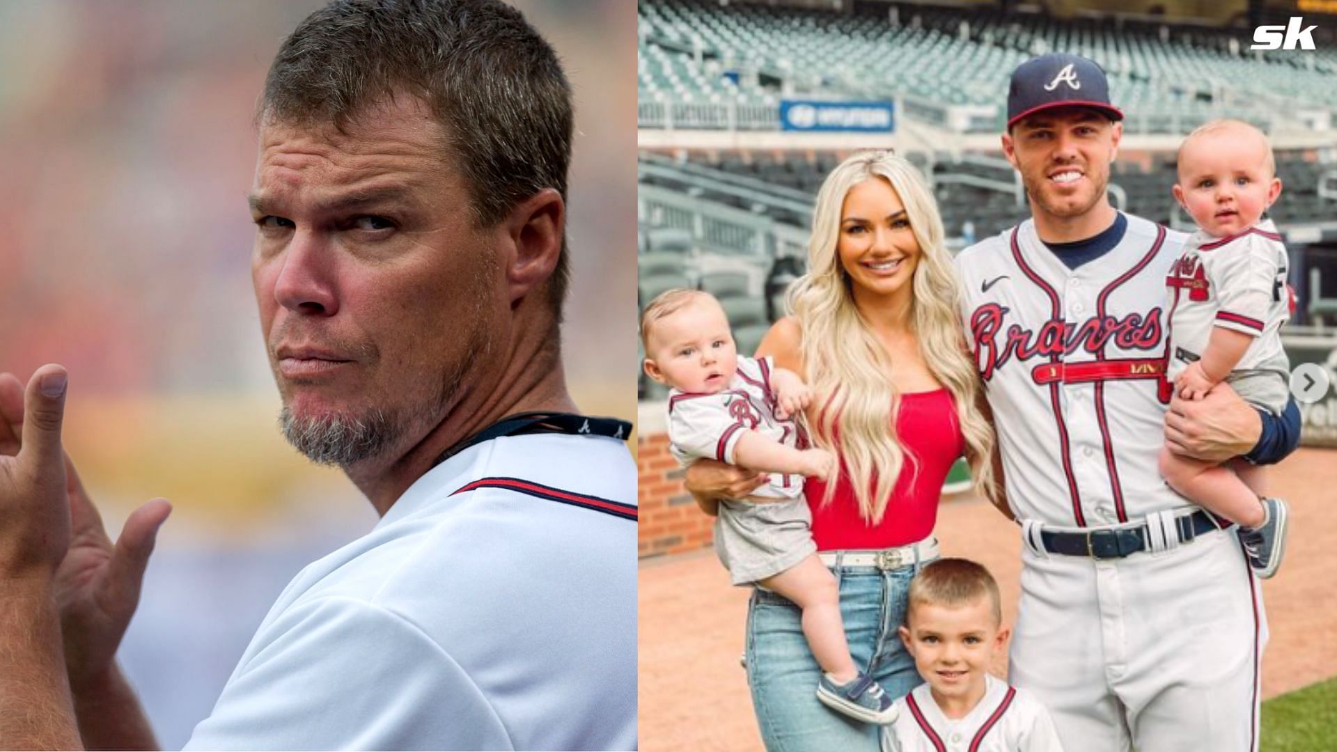 ATLANTA, GA - AUGUST 8: Former Braves player Chipper Jones participates in a pre-game ceremony honoring many Braves alumni players prior the game against the Washington Nationals at Turner Field on August 8, 2014 in Atlanta, Georgia. (Photo by Kevin Liles/Getty Images); Freddie Freeman with his wife, Chelsea Freeman and children. 