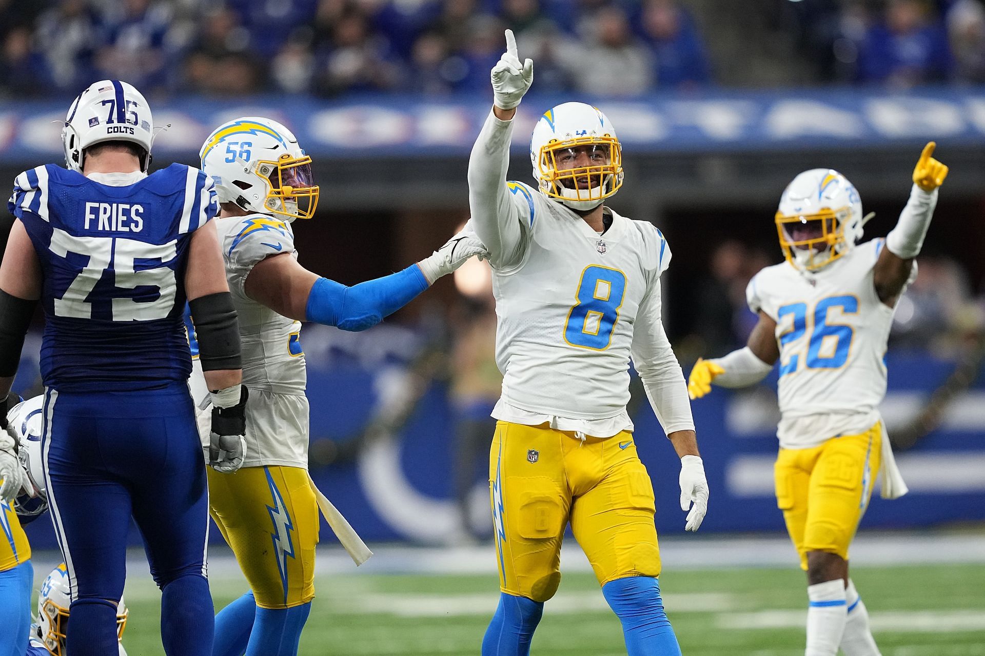 Kyle Van Noy #8 of the Los Angeles Chargers reacts after a sack against the Indianapolis Colts