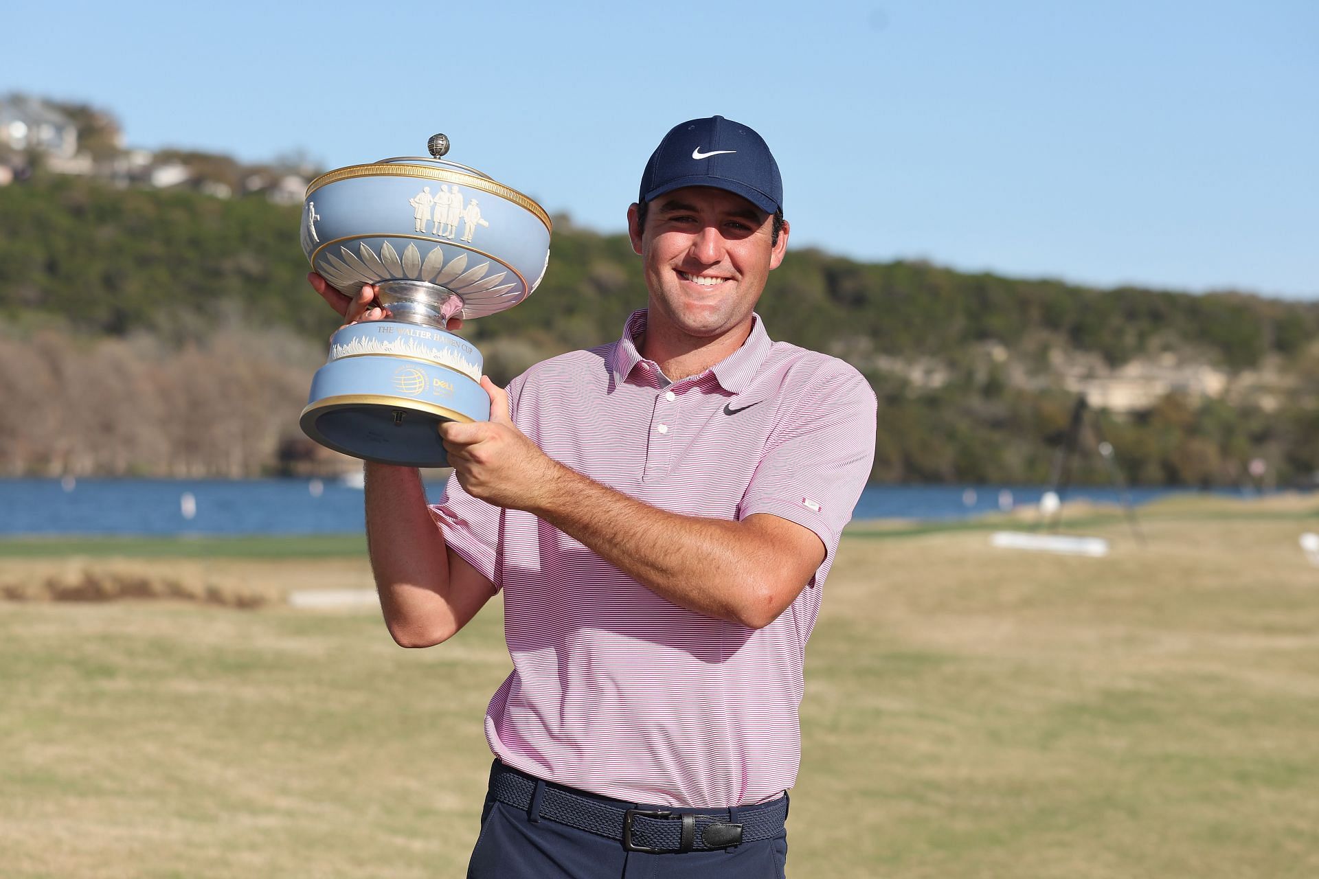Scottie Scheffler poses with the Walter Hagen Cup after defeating Kevin Kisner 4&amp;3 in their finals match to win the World Golf Championships-Dell Technologies Match Play
