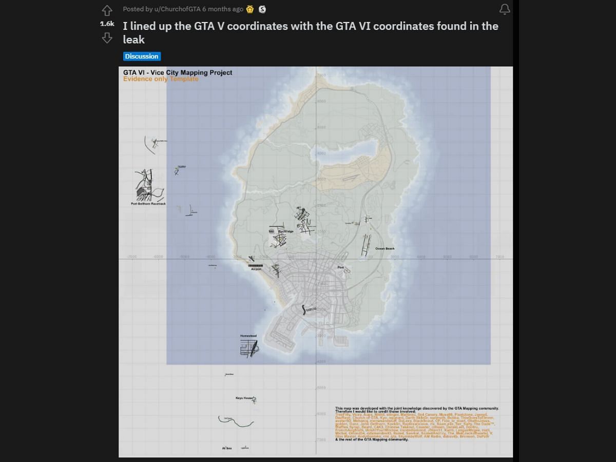 u/ChurchoofGTA&#039;s post comparing the coordinates of Grand Theft Auto 6&#039;s map and the State of San Andreas (Image via Reddit)