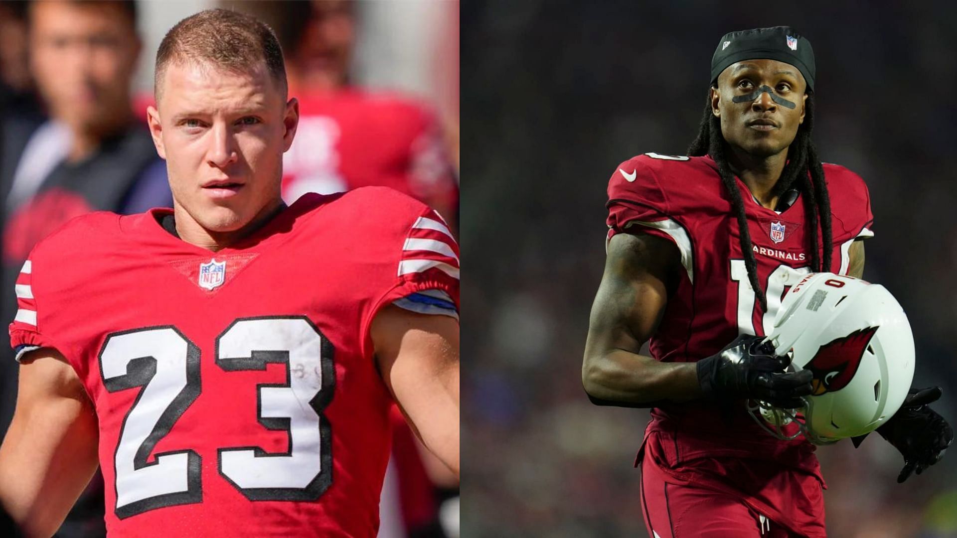 49ers RB Christian McCaffrey (l) and Cardinals WR DeAndre Hopkins (r)