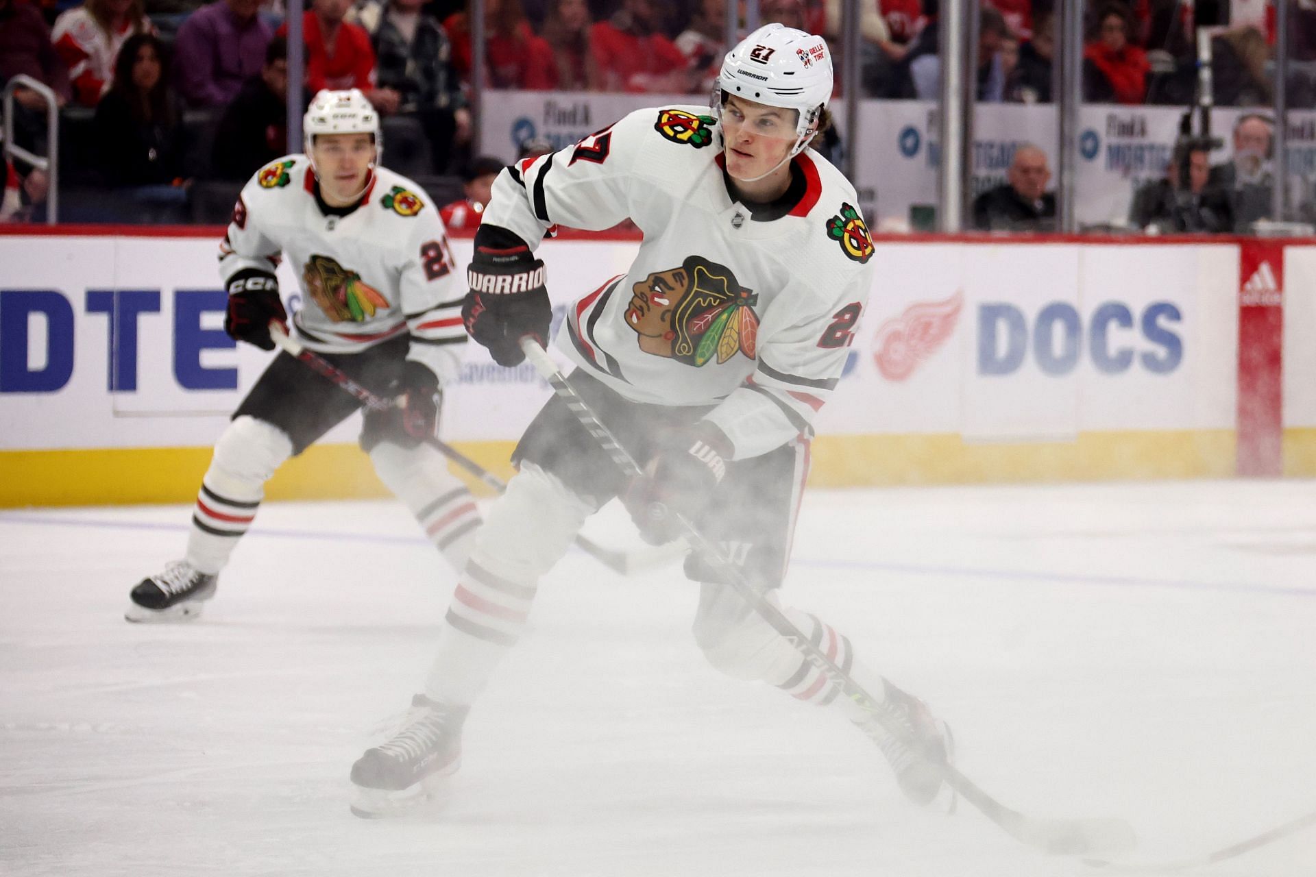 Chicago Blackhawks players in the frame against the Detroit Red Wings