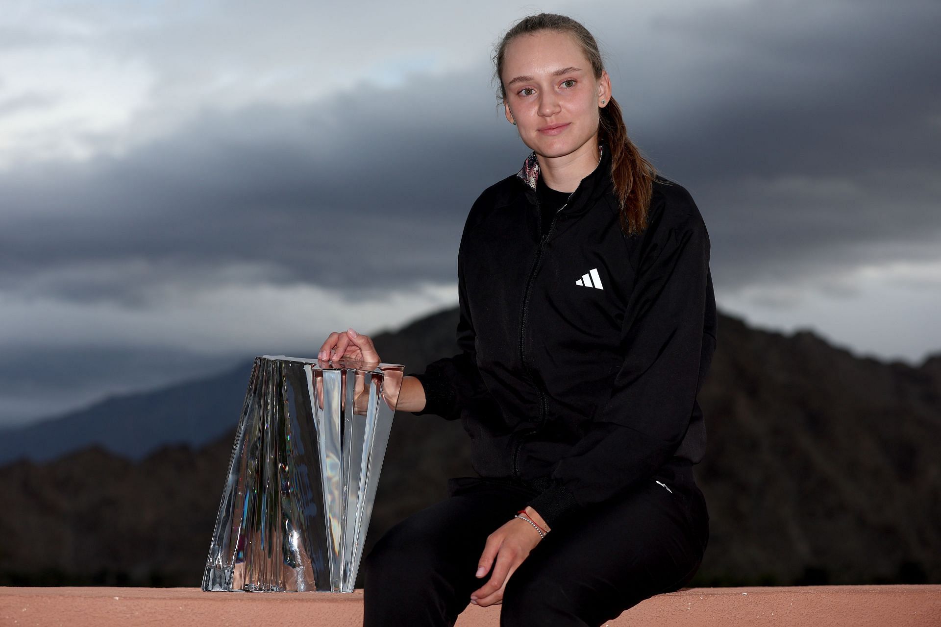 Elena Rybakina pictured with her Indian Wells trophy.