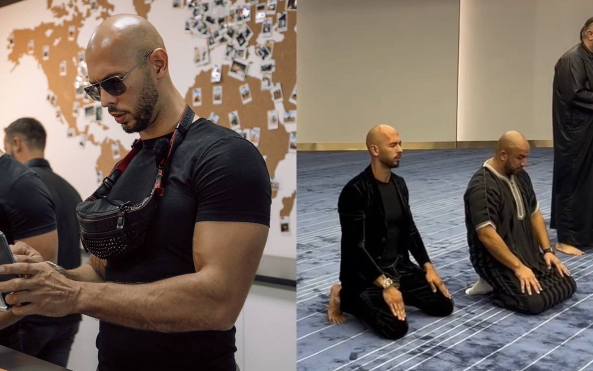 Andrew Tate [Left] Andrew Tate in a mosque [Right] [Images courtesy: @Cobratate and @sirarsalih (Twitter)]