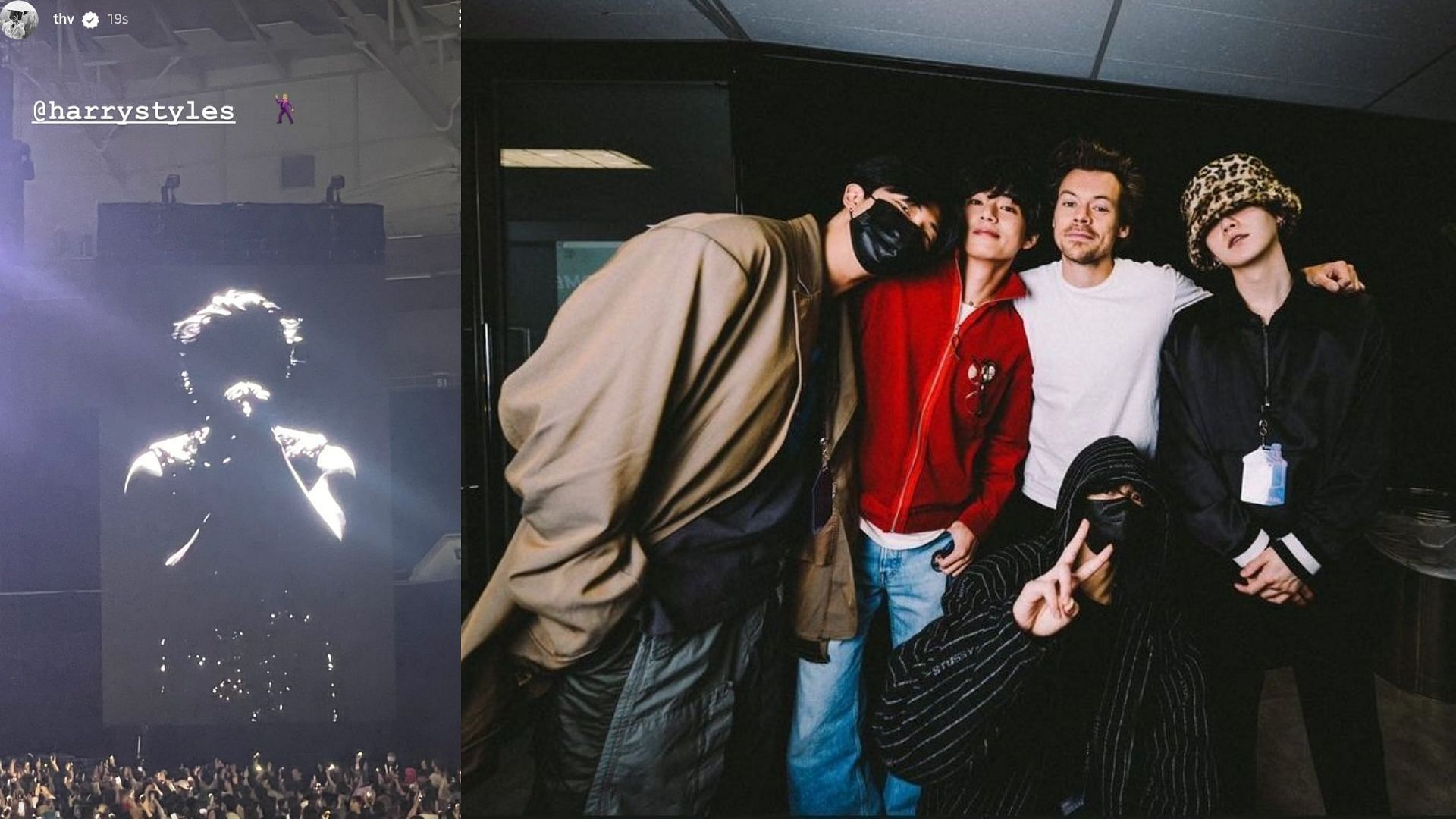 BTS&#039; V posted a snippet from Harry Styles&#039; concert (left), before posting a picture of all four members of the Dynamite group with the British popstar (right) on his Instagram stories. Leader RM also posted a similar picture on his story (not pictured). Fans were especially excited about the interaction because this is the second time that BTS members have been to a Harry Styles concert, having attended one in LA in December 2021. (Images via Instagram/ @thv)