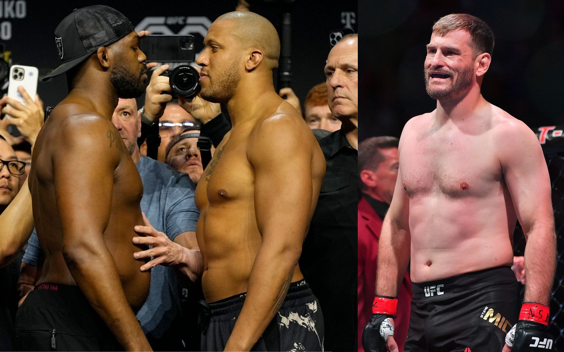 Jon Jones vs. Ciryl Gane (left) and Stipe Miocic (right). [Images courtesy: left image from UFC and right image from Getty Images]