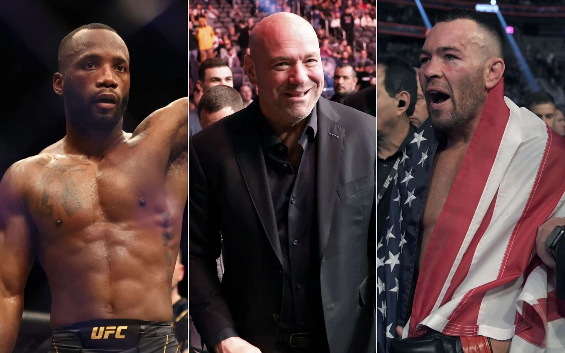 Leon Edwards [Left], Dana White [Middle], and Colby Covington [Right]
