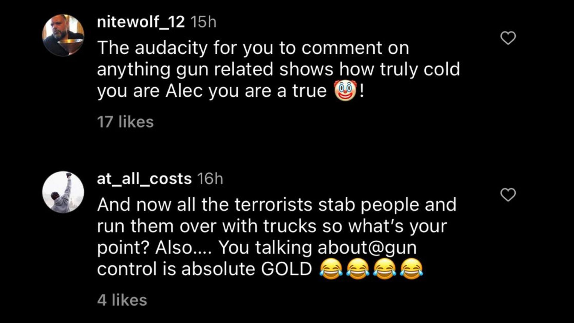 Screenshot of an internet user comment on Baldwin&#039;s Instagram post on gun control laws in America. (Image via Instagram)