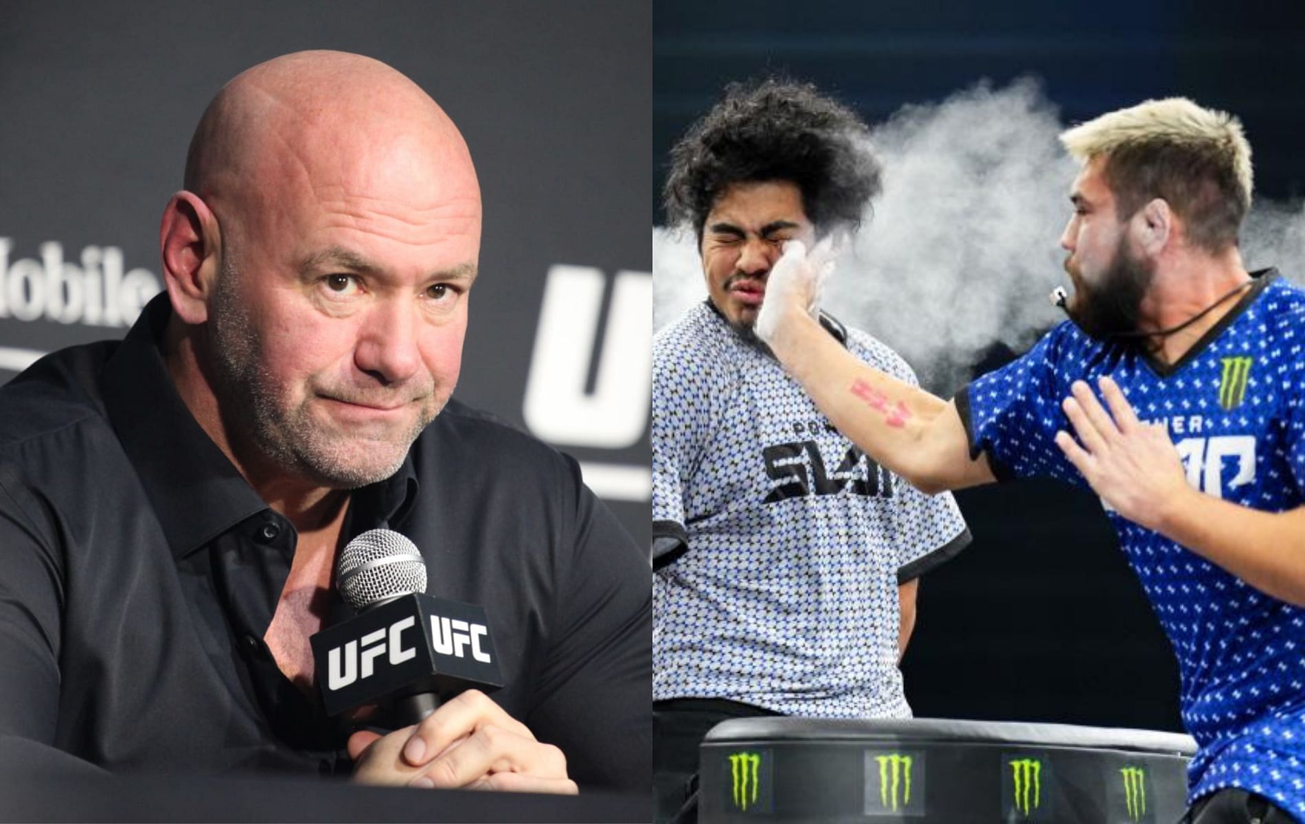 Dana White (left) and Power Slap competition (right)
