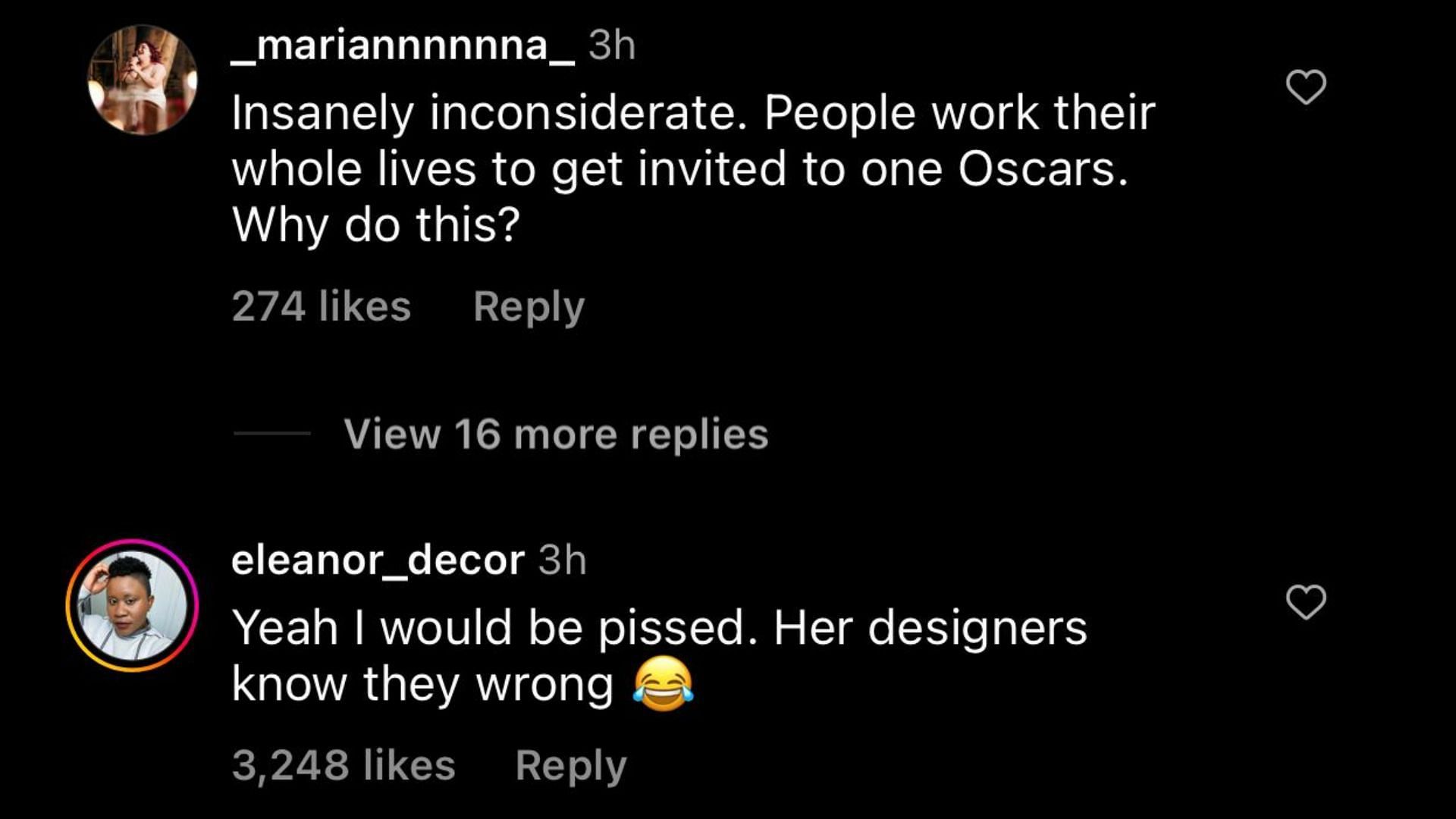 Screenshot of Instagram users reacting to the Essence singer&#039;s dramatic Oscars outfit.