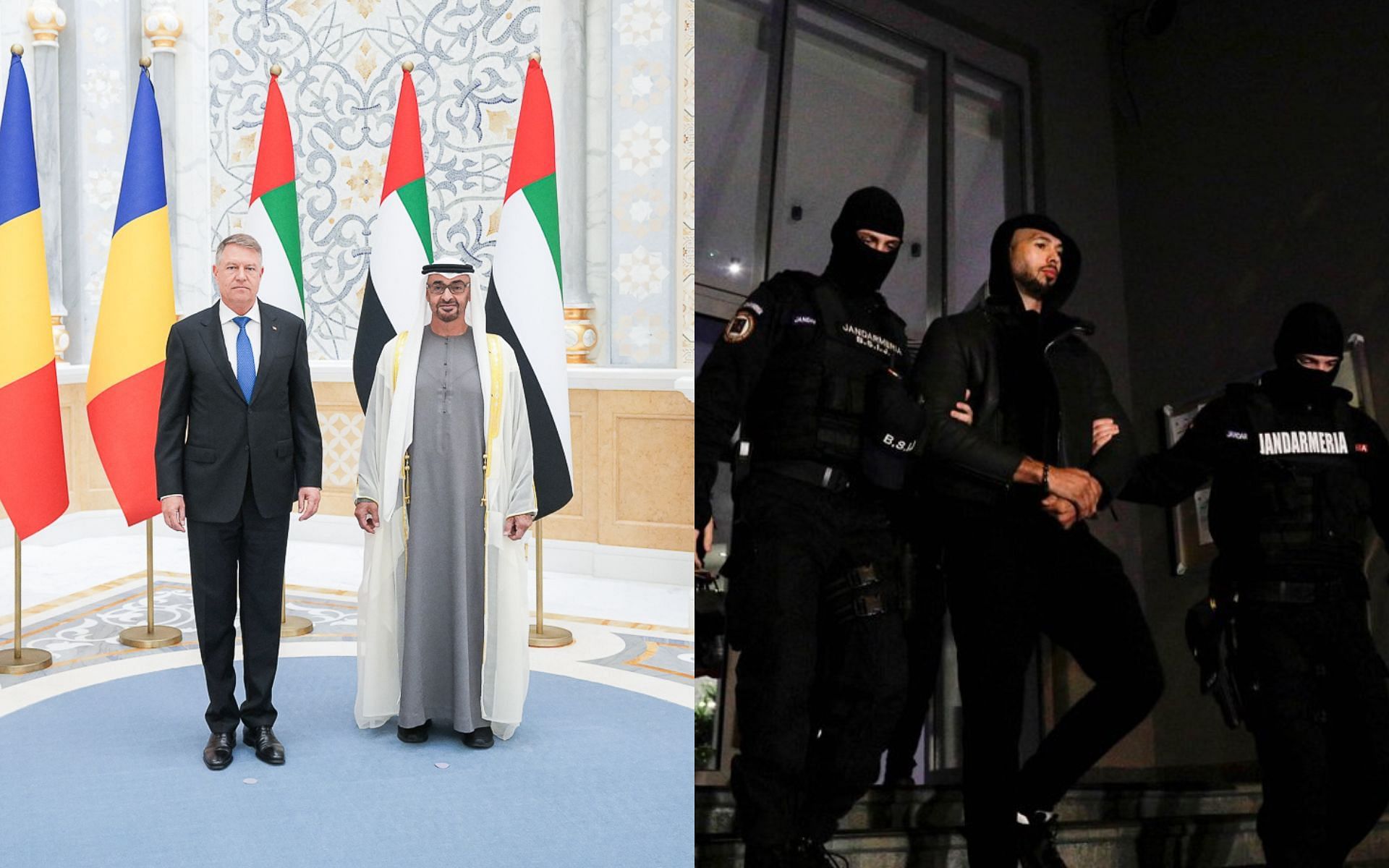 Klaus Iohannis and His Highness Mohamed bin Zayed Al Nahyan (left) and Andrew Tate being arrested (right) (Image credits @KlausIohannis and @TateNews_ on Twitter )