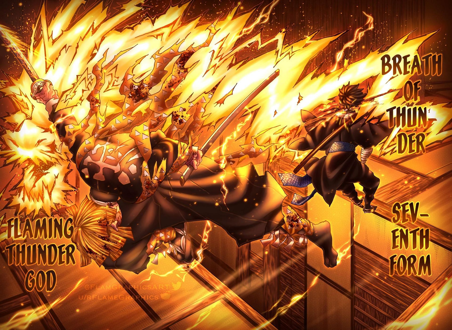 Zenitsu performing the Seventh Form against Kaigaku (Image via Reddit thread r/KimetsuNoYaiba)