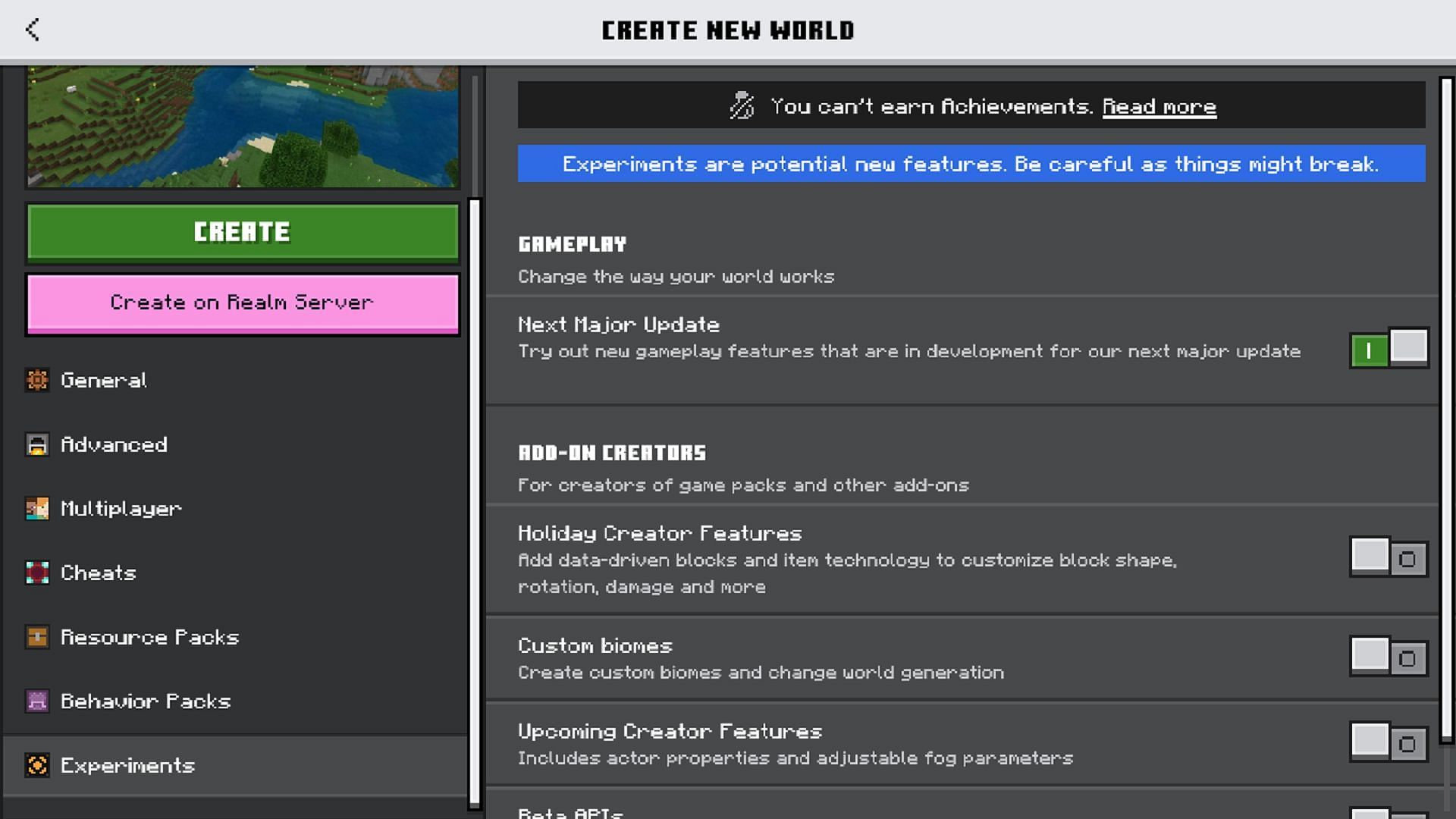 One slider allows for experimental features to be activated (Image via Mojang)