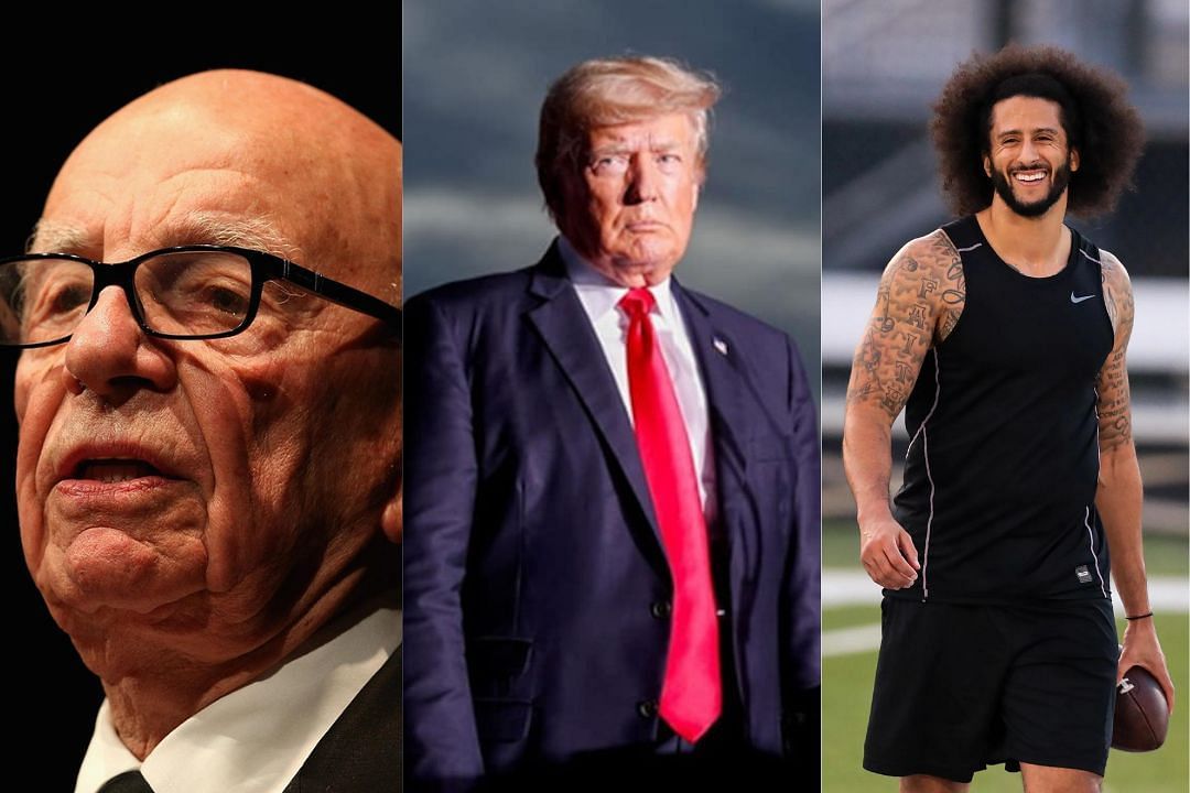 Fox New founder Rupert Murdoch (l), former President Donald Trump (c), and former NFL QB Colin Kaepernick (r)