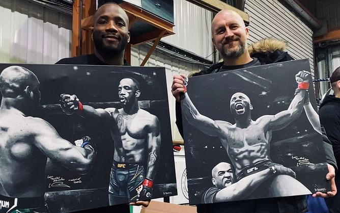 PHOTO: Popular artist elated after "absolute gentleman" Leon Edwards signs two stunning UFC 286 paintings