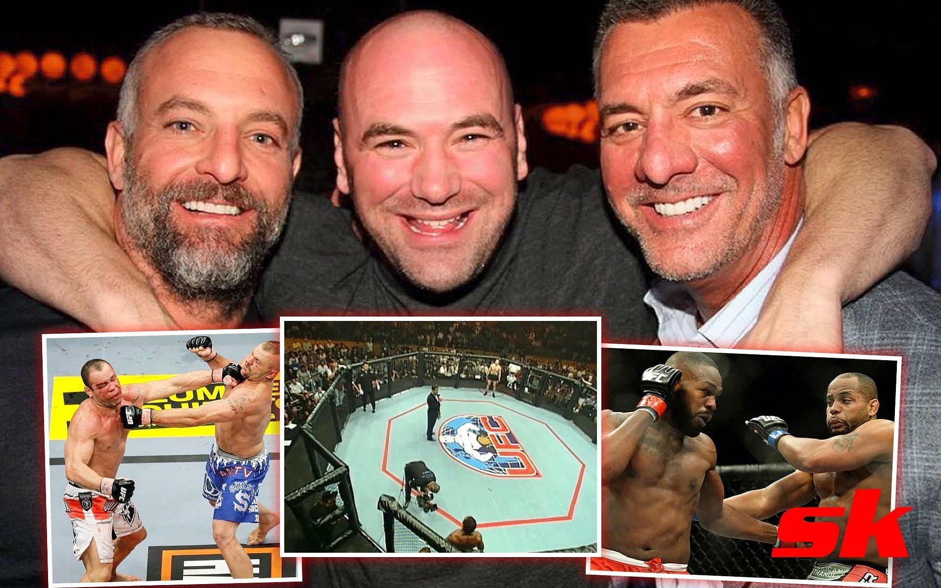 Dana White with the Fertitta brothers (Top), Chuck Liddell vs. Tito Ortiz (Left), UFC 18 (Middle), Jon Jones vs Daniel Cormier 1 (Right) [Image courtesy: @MMAHistoryToday on Twitter]