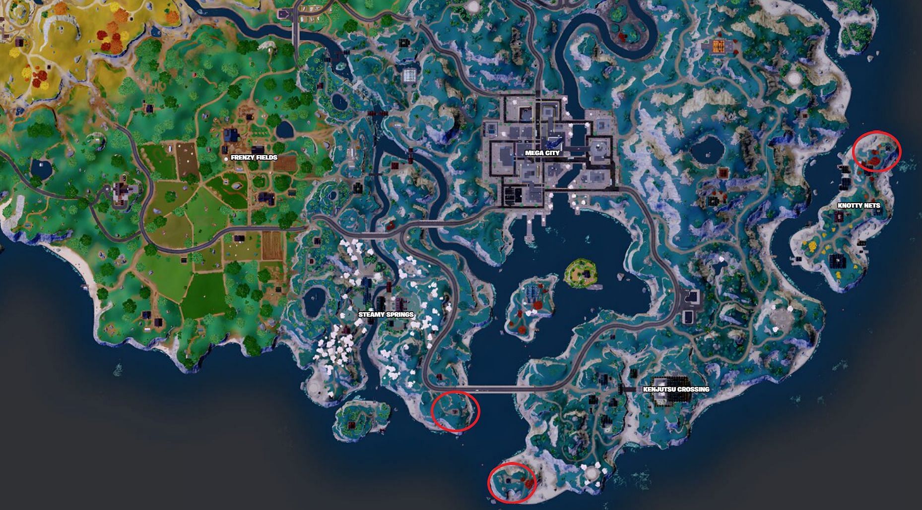 Here&#039;s the location of all three lighthouses marked on the map (Image via Fortnite.GG)