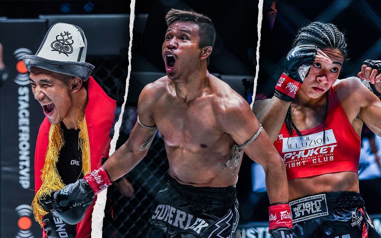 From left to right: Akbar Abdullaev, Superlek, and Allycia Hellen Rodrigues. | Photo by ONE Championship