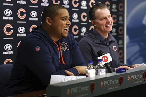 Chicago Bears general manager Ryan Poles, left, and coach Matt Eberflus