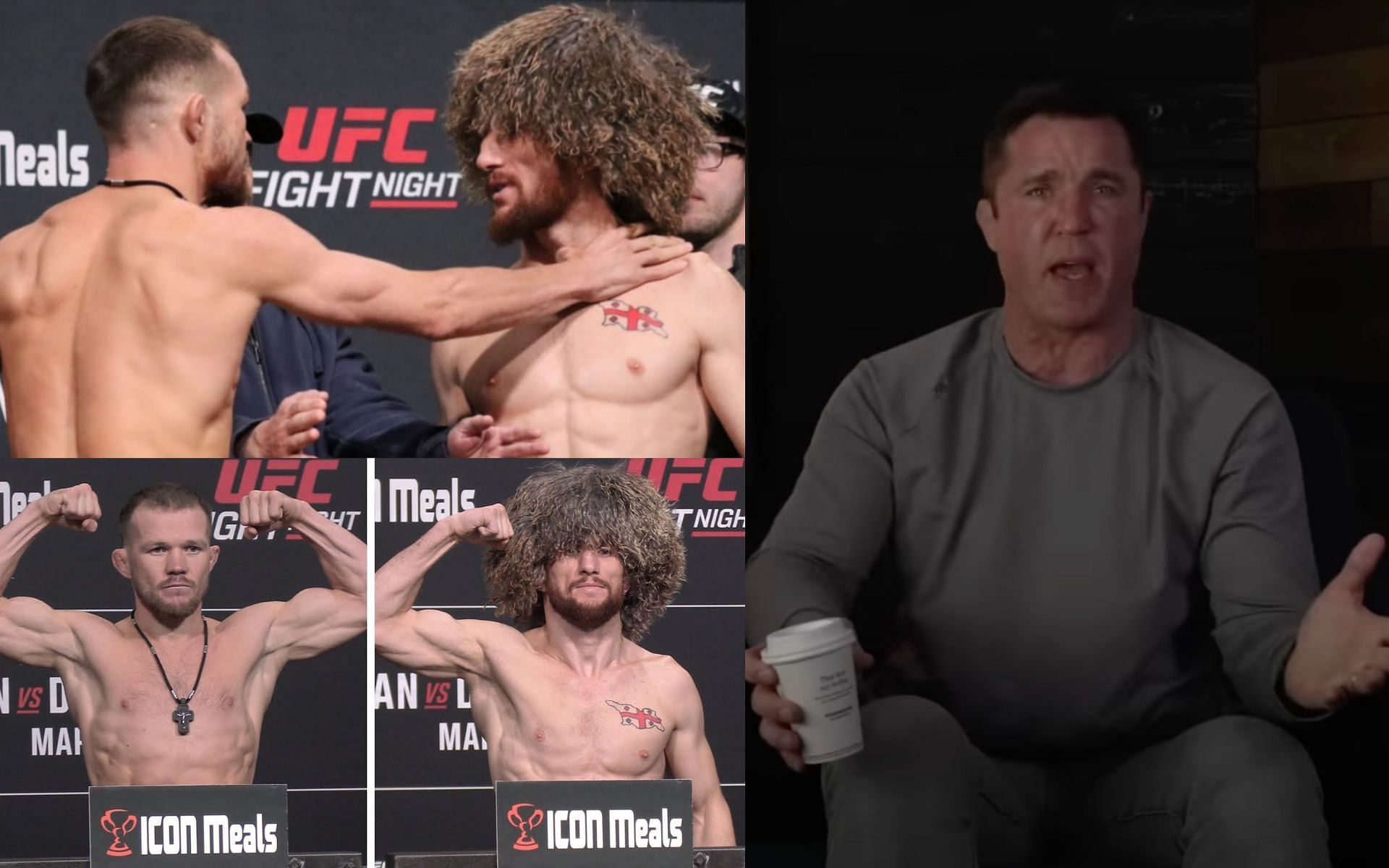 Petr Yan vs Merab Dvalishvili (left) and Chael Sonnen (right). [Images courtesy: left images from YouTube MMAWeekly.com and Bloody Elbow, and right image from YouTube Chael Sonnen]